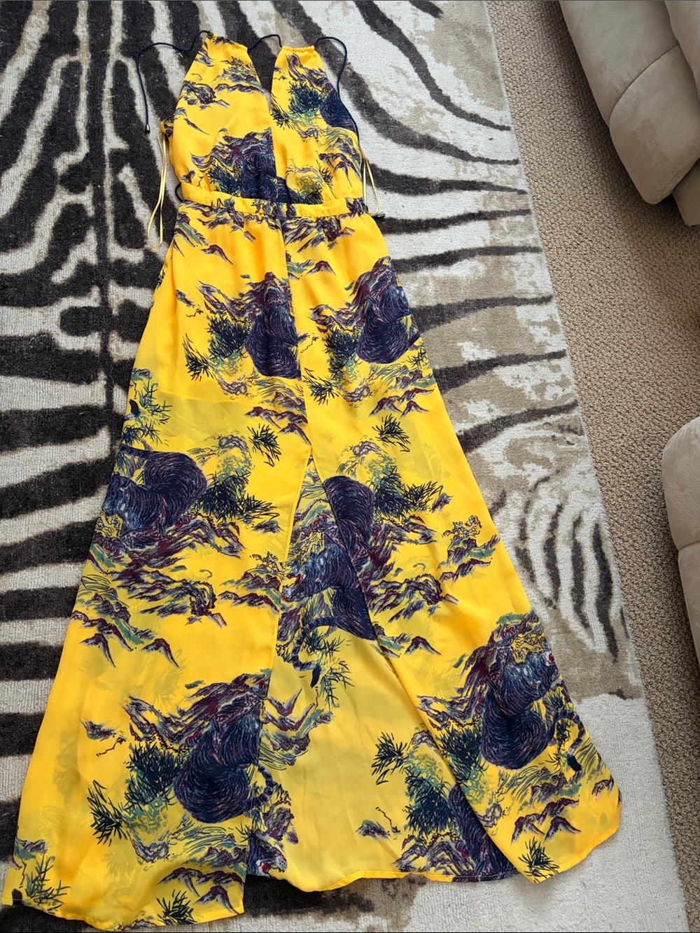 Guess Yellow Backless Floral Print Maxi Dress